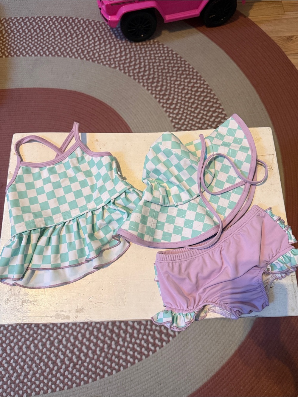 Caden Lane Mint Green Checker Ruffle Tankini 6-12 Months With Matching Hat